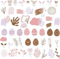 Happy Easter - Boho Easter Elements. Cute spring card with quail eggs, flowers, Willow twigs, bunny, leaf and design elements in flat style vector