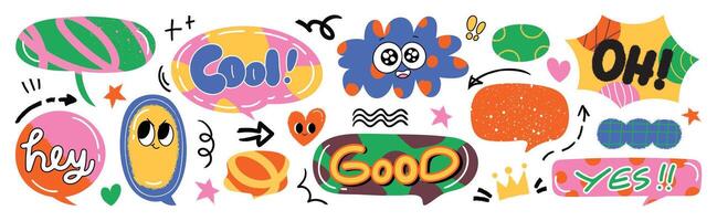 Set of doodle and speech bubble . Collection of contemporary figure, speech bubble with text, arrow in funky groovy style. Chat design element perfect for banner, print, sticker. vector