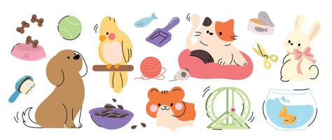 Cute pet doodle set. Cartoon animals characters design collection with dog, cat, bird, fish, hamster, rabbit in different poses. Set of funny pet animals isolated on white background. vector