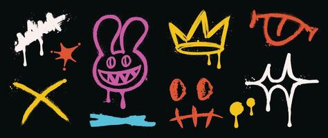 Set of graffiti spray element . Collection of colorful symbol, scribble, stroke, rabbit, crown, sparkle, cross, tongue. Element on black background for banner, decoration, street art, ads. vector