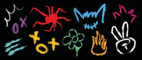 Set of graffiti spray element . Collection of colorful symbol, scribble, stroke, arrow, spider, flower, hand. Element on black background for banner, decoration, street art, ads. vector