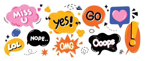 Set of doodle and speech bubble . Collection of contemporary figure, speech bubble with text, arrow in funky groovy style. Chat design element perfect for banner, print, sticker. vector