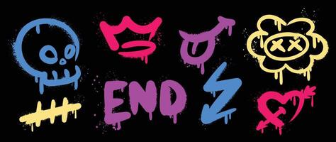 Set of graffiti spray element . Collection of colorful symbol, scribble, flower, skull, arrow, crown, stroke, heart. Element on black background for banner, decoration, street art, ads. vector