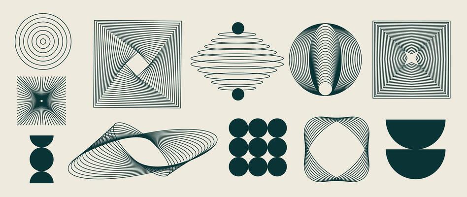 Hand drawn abstract minimal element mid century set. Aesthetic contemporary stripe line art, geometric shape in monochrome. Art form design for wall art, decoration, wallpaper.