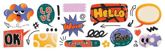 Set of doodle and speech bubble . Collection of contemporary figure, speech bubble with text, arrow in funky groovy style. Chat design element perfect for banner, print, sticker. vector