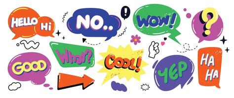 Set of doodle and speech bubble . Collection of contemporary figure, speech bubble with text, arrow in funky groovy style. Chat design element perfect for banner, print, sticker. vector