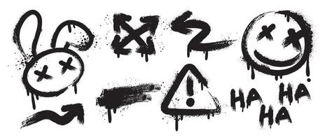 Set of graffiti spray element . Collection of colorful symbol, scribble, stroke, arrow, rabbit, smile, warning. Element on black background for banner, decoration, street art, ads. vector