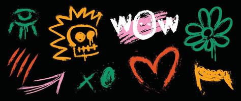 Set of graffiti spray element . Collection of colorful symbol, scribble, stroke, arrow, skull, heart, flower. Element on black background for banner, decoration, street art, ads. vector