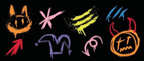 Set of graffiti spray element . Collection of colorful symbol, scribble, stroke, arrow, devil, smile. Element on black background for banner, decoration, street art, ads. vector