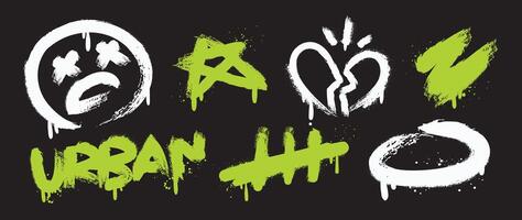 Set of graffiti spray element . Collection of colorful symbol, scribble, stroke, arrow, heart, star, face. Element on black background for banner, decoration, street art, ads. vector