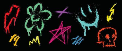 Set of graffiti spray element . Collection of colorful symbol, scribble, stroke, arrow, skull, flower, smile, thunderbolt. Element on black background for banner, decoration, street art, ads. vector