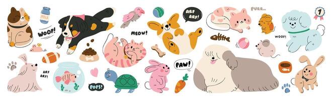 Cute pet doodle set. Cartoon animals characters design collection with dog, cat, bird, fish, rabbit, rat, turtle in different poses. Set of funny pet animals isolated on white background. vector