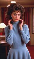 photo of beautiful woman in restro hair and retro costume in t.v. series,