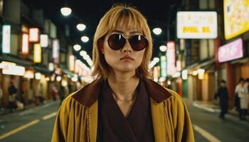 photo of beautiful asian woman in yellow outfit at asian street night market ,