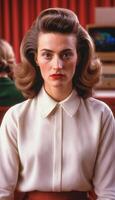 photo of beautiful woman in restro hair and retro costume in t.v. series,