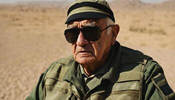 photo of older commander soldier in combat armor outfit on mission scene ,