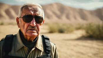 photo of older commander soldier in combat armor outfit on mission scene ,