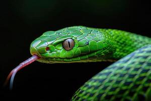 Close-up of a vibrant green snake with a detailed view of its scales, eye, and forked red tongue photo
