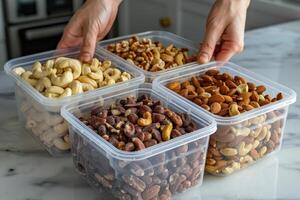 Transparent container with mixed nuts photo
