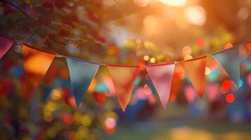 Festive colorful bunting flags strung across in golden hour sunlight creating a joyous atmosphere photo