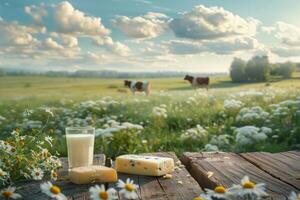 Empty wooden table with cheese and glass of milk. Cows grazing in the meadow in the background. Natural stage, background suitable for products or products for presentation photo