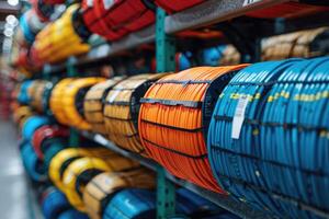 Rows of colorful electrical cables on shelves photo