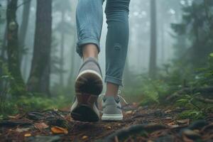 Detailed close-up image showcasing a hiker's shoe stepping on a forest trail photo