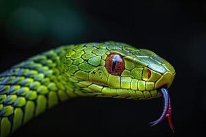 Close-up of a vibrant green snake with a detailed view of its scales, eye, and forked red tongue photo
