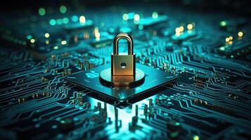 A golden padlock placed centrally on an illuminated blue circuit board symbolizing cybersecurity photo