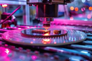 Robotic manufacturing of semiconductors and computer chips from silicon wafers. Modern technology concept photo