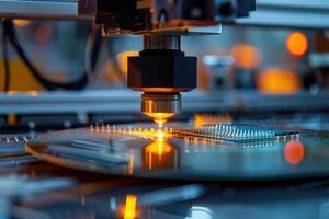 Robotic manufacturing of semiconductors and computer chips from silicon wafers. Modern technology concept photo