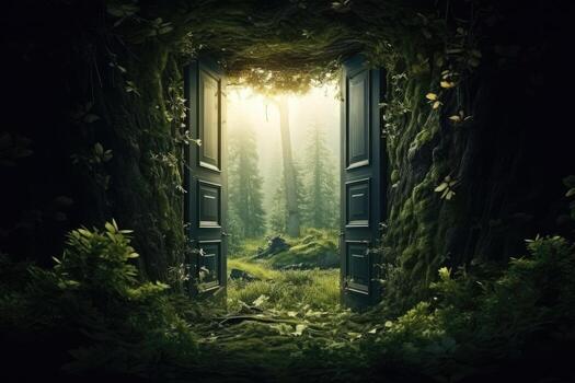 A whimsical concept of a door frame in a lush forest, creating an enchanting portal to another world photo