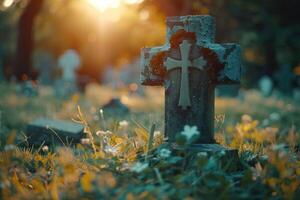 An old stone cross with intricate designs, surrounded by orange flowers and foliage in a serene graveyard scene photo