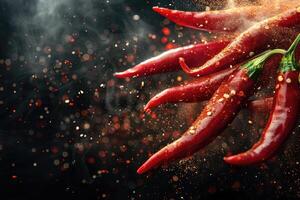 Dynamic explosion of chili powder with fresh red chili peppers photo