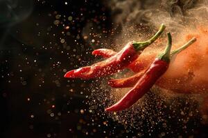 Dynamic explosion of chili powder with fresh red chili peppers photo
