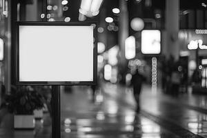 A monochrome image showing an empty advertisement board in a busy shopping mall photo