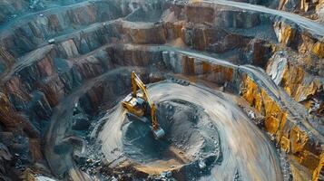 Excavator in a deep quarry mining rock photo