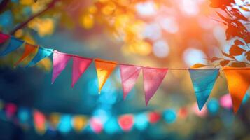 Festive colorful bunting flags strung across in golden hour sunlight creating a joyous atmosphere photo