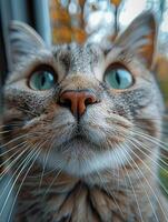 Tabby cat reaching towards camera photo