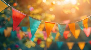 Festive colorful bunting flags strung across in golden hour sunlight creating a joyous atmosphere photo