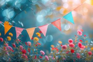 Festive colorful bunting flags strung across in golden hour sunlight creating a joyous atmosphere photo
