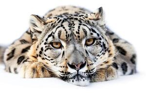 Face portrait of snow leopard - Irbis isolated on white background photo