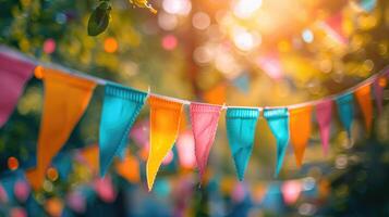 Festive colorful bunting flags strung across in golden hour sunlight creating a joyous atmosphere photo