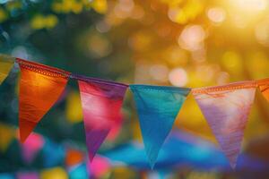 Festive colorful bunting flags strung across in golden hour sunlight creating a joyous atmosphere photo