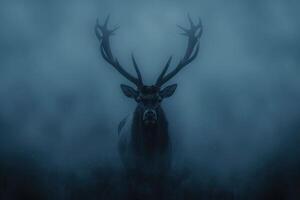 Majestic red deer stag with impressive antlers standing in a foggy forest landscape photo