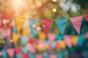Festive colorful bunting flags strung across in golden hour sunlight creating a joyous atmosphere photo