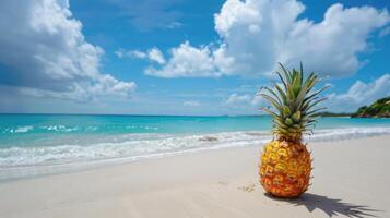A pineapple on a sandy beach with the ocean in the background. photo