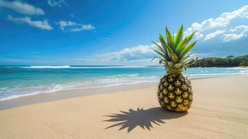 A pineapple on a sandy beach with the ocean in the background. photo
