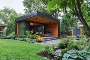 Modern backyard shed with a flat roof and surrounded by greenery photo