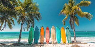 Line of vividly colored surfboards standing against coconut palms on a pristine tropical beach with blue waters photo
